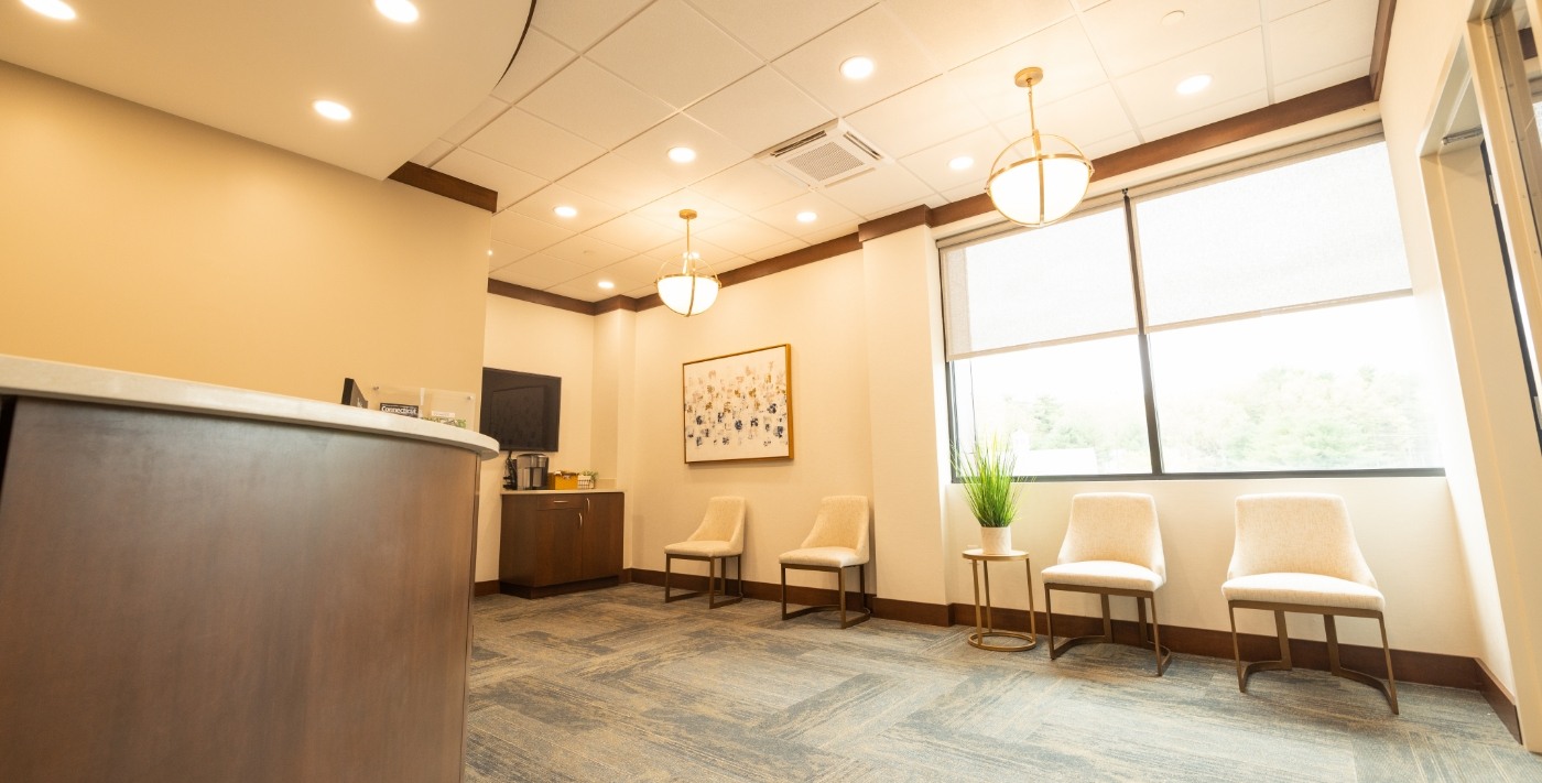 Welcoming reception area at Blue Back Dental office in Avon