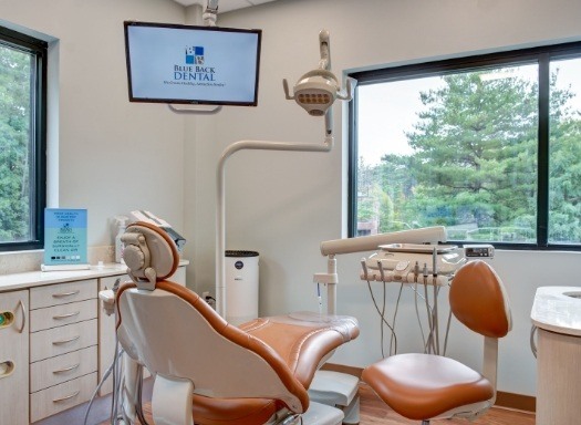 T V screen mounted on wall above dental treatment chair